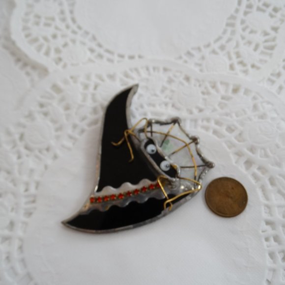 Handmade Stain Glass Witches Hat Orange Rhinestones Spider Movable Eyes Brooch - Picture 8 of 8